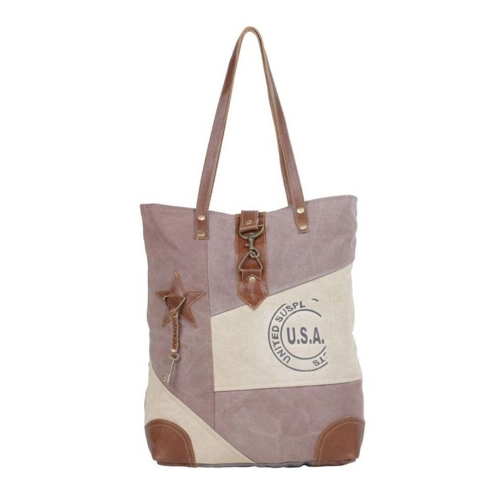 Myra Bag Handmade Undulate Tote Bag Upcycled Canvas & Cowhide Leather - Picture 7 of 8